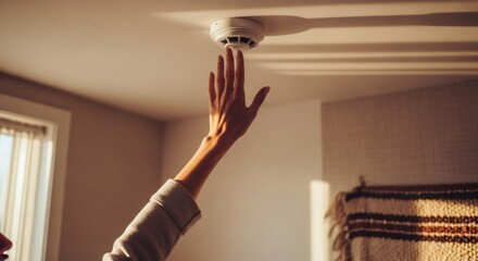 Woman reaching hand to smoke detector for fire safety or alarm check. Home security technology for prevention and safety in residencies.