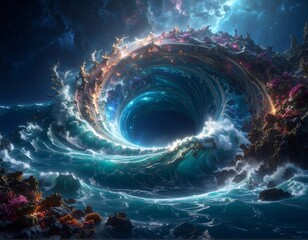 Cosmic ocean vortex with swirling water and a starry, dark core