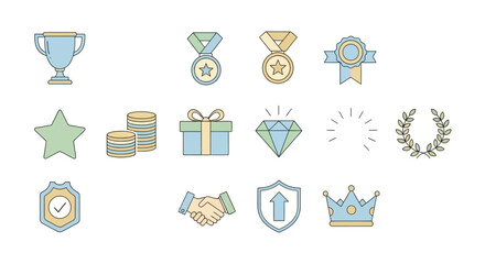 Fototapeta premium Modern flat line icon set for celebration, victory, and excellence, featuring awards, financial gains, quality assurance, and collaborative achievement visuals