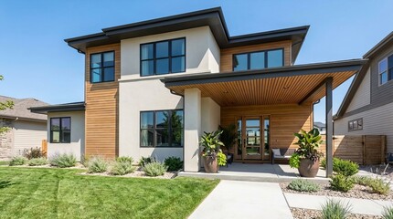 Fototapeta premium Contemporary suburban home exterior, featuring a spacious yard, clean lines, and a welcoming covered porch, creating a fresh, modern residential atmosphere