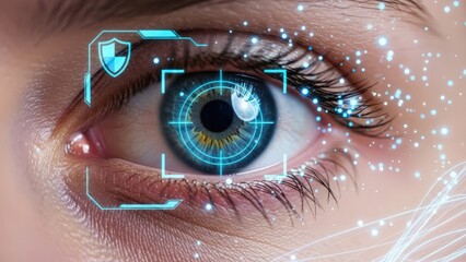 Human eye with blue glowing iris, biometric scanning target overlay, security shield, digital data