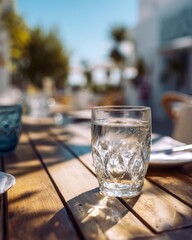 Obraz premium A glass of water placed on a wooden outdoor table with a bright, relaxed café terrace in the background.
