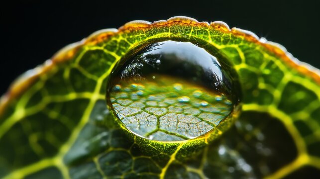 Extreme close-up photography of water droplet cradled in leaf concavity, droplet interior revealing refracted view of surrounding environment, botanical details showing leaf cellular structure,