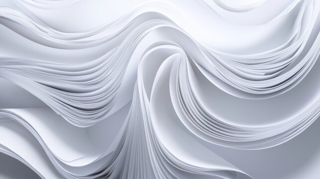 Photorealistic 3D render of pristine white paper sheets caught in spiral air current, multiple pages at different depths creating parallax effect, subtle motion blur on sheet edges, complex wave
