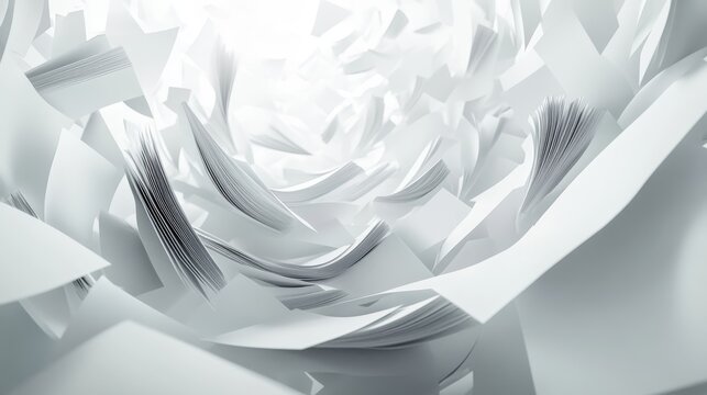 Dynamic 3D rendering of white office papers caught in circular wind pattern, pages displaying realistic flutter and fold physics, soft focus foreground and background elements, crisp middle-ground
