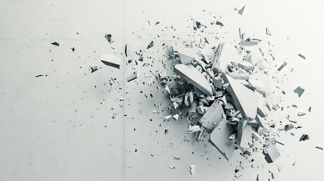 Brutalist concrete wall fracturing into sharp geometric fragments, industrial gray material exploding outward, hyperrealistic debris suspended in mid-explosion, stark contrast against pure white