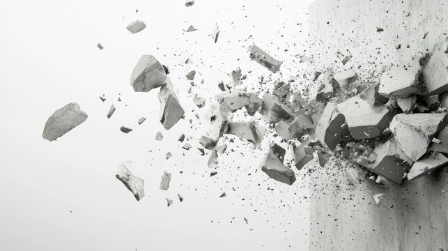 Brutalist concrete wall fracturing into sharp geometric fragments, industrial gray material exploding outward, hyperrealistic debris suspended in mid-explosion, stark contrast against pure white