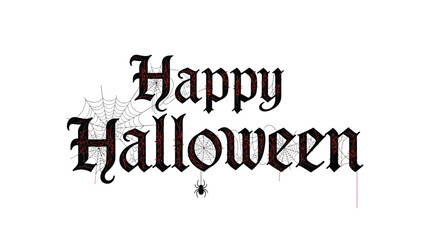 Spooky Happy Halloween text in a gothic blackletter font with a spider and web, perfect for holiday greetings and party invitations.