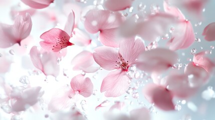 High-resolution macro photograph capturing individual sakura petals in suspended animation, revealing minute details of texture and subtle pink ombrÃ© effect, petals appearing to hover magically in