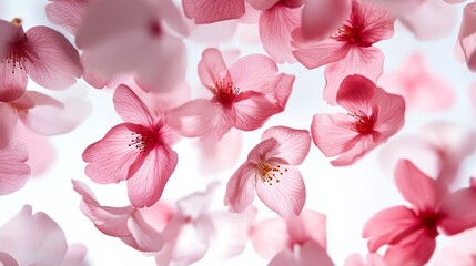 High-resolution macro photograph capturing individual sakura petals in suspended animation, revealing minute details of texture and subtle pink ombrÃ© effect, petals appearing to hover magically in