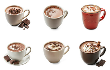 Six different cups of hot chocolate with whipped cream and chocolate shavings.