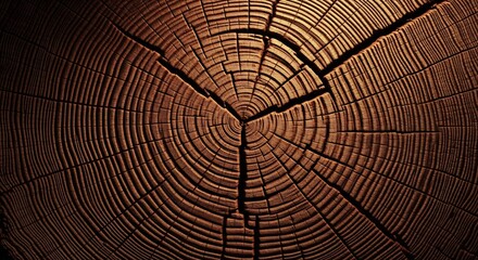 Fototapeta premium Dark brown tree trunk crosssection displaying distinct annual rings and radial cracks from the center