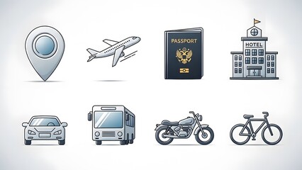 Collection of travel and transport icons including location pin, airplane, passport, hotel, car, bus, motorcycle, and bicycle.