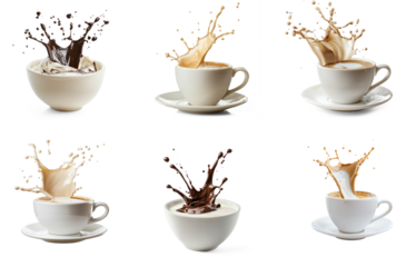 Six coffee cups with splashes of coffee and milk.