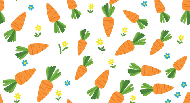 Cute seamless easter pattern with cartoon carrots and little flowers on a white background, perfect for kids' textile designs.