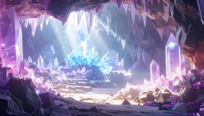 Animated interior of a crystal cave with glowing light