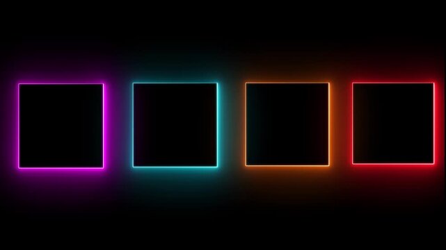 Collection of neon glowing square frames. Glowing frame. Violet, navy blue, orange, and red LED fluorescent lasers isolated on black background. Vector illustration. 4k animation video..