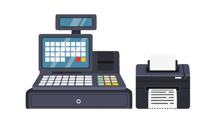 Gray Cash Register and Printer with White Paper Receipts and Digital Display on a Black Background Flat Design Illustration