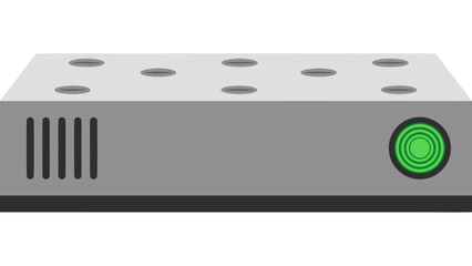 Gray Electronic Device with Circular Green Light and Ventilation Grate on Black Background Isolated Studio Shot