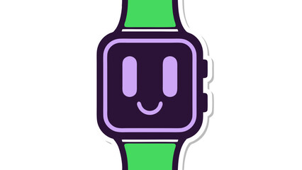 Green Band Smartwatch With Purple Face Featuring A Cheerful Smiley Icon Against A Black Background Minimalist Graphic Style