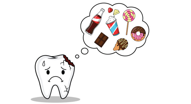 Sad cartoon tooth with a cavity, thinking about sugary foods and drinks like soda, candy, and donuts that cause tooth decay.
