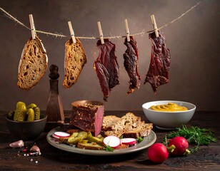 Assortment of food hanging & displayed on a rustic wooden table