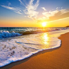 Beach sunset with golden sunlight and gentle waves on the shore
