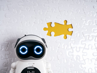 AI chatbot robot with missing puzzle piece represents problem solving, intelligent virtual assistant, automated solutions, machine learning support, customer service technology, system optimization.