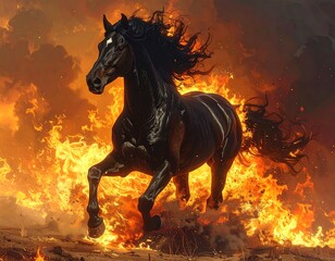 Black horse running through a field of fire, with a black mane