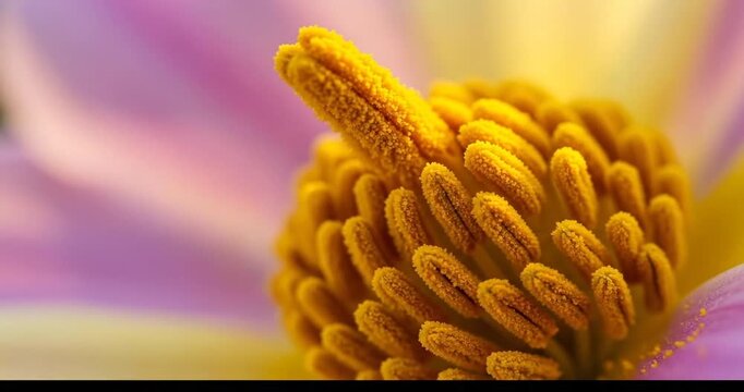 Close-up of a vibrant flower's stamen with intricate yellow pollen structures against soft pink petals