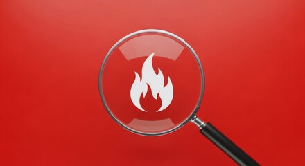 Magnifying glass over a white fire icon on red background. Concept of fire safety, hazard detection, and emergency prevention.