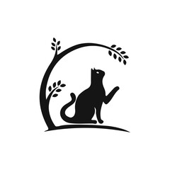 cat, silhouette, tree, branch, leaves, nature, animal, pet, icon, logo, design, illustration, black and white, minimalist, simple, cute, playful, curious, sitting, outdoors, garden, park, organic, whi
