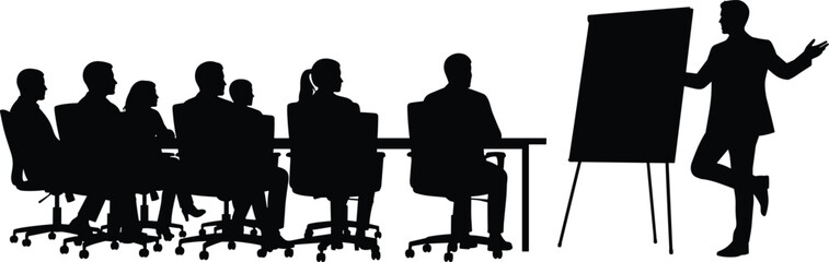 Business meeting, corporate training, team discussion, seminar presentation, office collaboration, classroom lecture, professional workshop, leadership coaching, cad drawing flat vector illustration