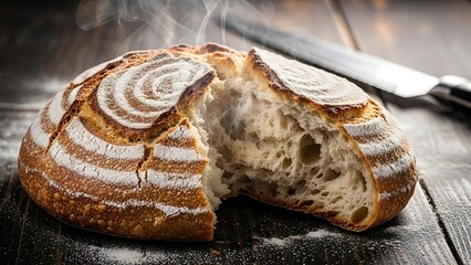 A freshly baked loaf of artisan sourdough bread, steaming and cracked open on a rustic wooden surface.