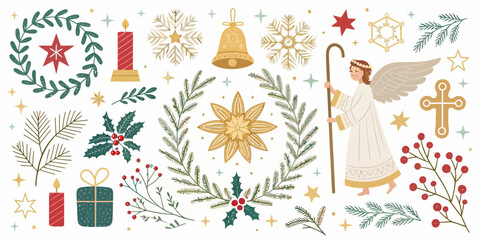 Obraz premium vector Christmas Traditional Christmas symbols vector set with timeless motifs for classic and elegant holiday greeting cards and designs.