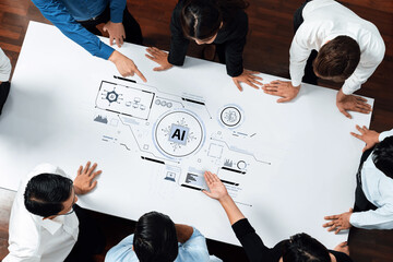 A diverse team engages in a collaborative brainstorming session over a whiteboard displaying intricate AI graphics and data visualizations, symbolizing innovation. Trope