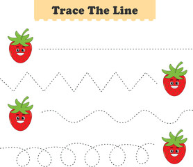Trace line worksheets for children. Preschool handwriting practice with fruits. Vector illustration