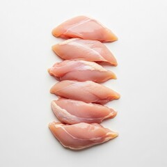 A vertical stack of six raw chicken breast fillets isolated on white background
