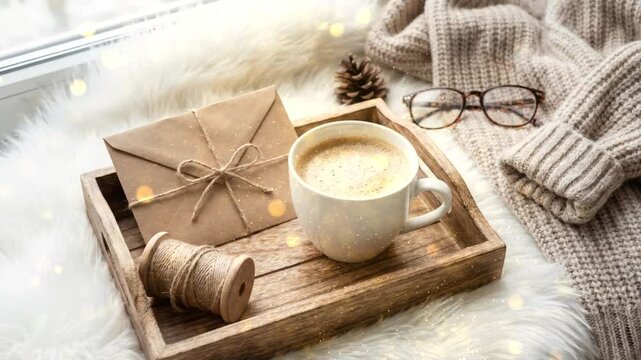 A cozy winter scene with a mug of coffee, a wrapped gift, eyeglasses, and a knitted sweater on a fluffy white rug.