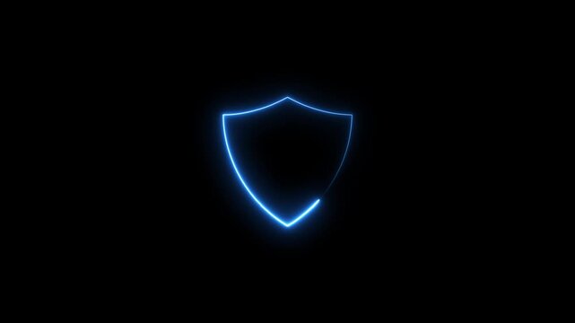 symbolizing security and protection icon animation with neon line. A glowing blue neon shield icon with a checkmark sign.