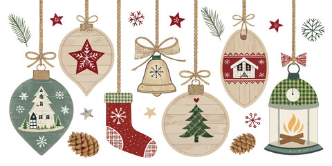 vector Christmas Charming rustic farmhouse Christmas vector elements like pine cones, berries, and foliage for warm holiday designs.