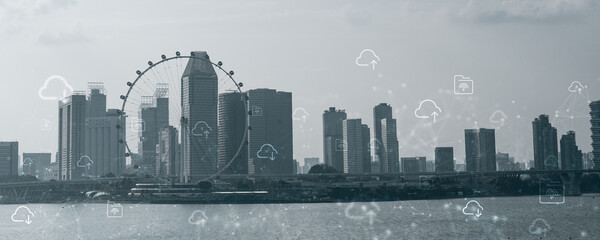 A futuristic smart city skyline with cloud computing and IoT network icons overlaying the urban landscape, representing digital infrastructure, connectivity, data flow, and intelligent city.
