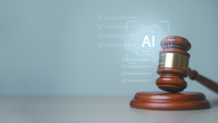 ai, ethics, trust, responsibility, transparency, A judge&rsquo;s gavel is shown with an AI icon, symbolizing ethical governance, legal regulation, and responsible decision-making in artificial intelligence.