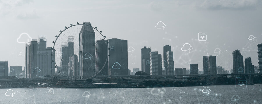 A futuristic smart city skyline with cloud computing and IoT network icons overlaying the urban landscape, representing digital infrastructure, connectivity, data flow, and intelligent city.