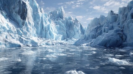 Glacial landscape majestic ice formations and frozen waters under cloudy skies
