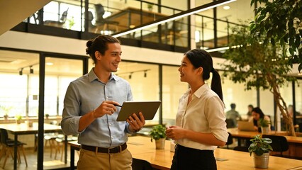 Positive Business Colleagues Collaborating with Tablet in Bright Modern Open Office Space
