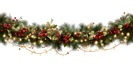 Realistic Christmas garland made of lush pine branches intertwined with golden ribbons, red berries, and fairy lights, elegant festive decoration isolated on white background 