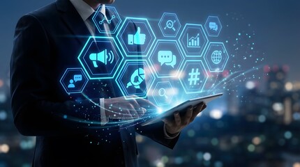 Digital marketing strategy and social media engagement icons projected on a tablet held by a businessman in a suit