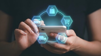 Navigating the Future of Online Shopping Hands interact with a smartphone displaying a holographic interface of e-commerce services and digital retail