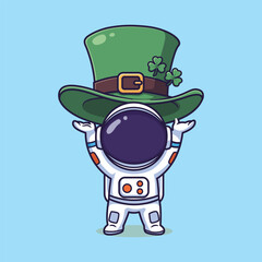 Cute Vector Illustration of an Astronaut Wearing Oversized Green Leprechaun Hat with Shamrocks on Light Blue Background